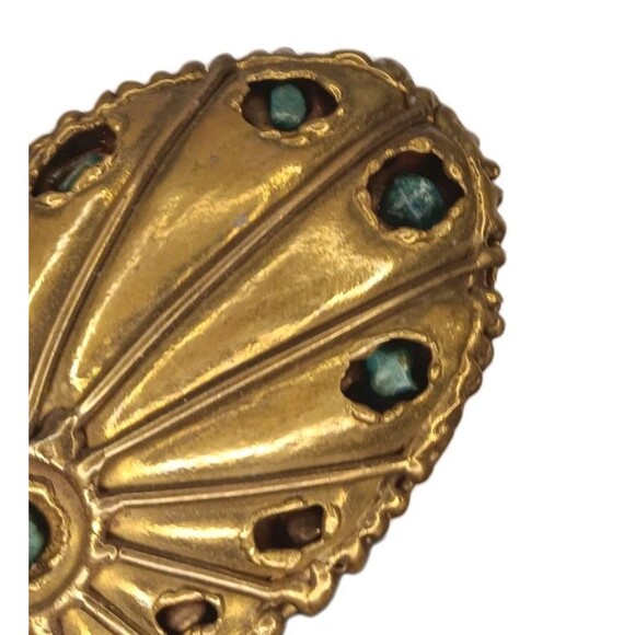 Goldtone Brass Colored Metal Belt Buckle With Turquoise Colored Stones Peacock - Picture 6 of 10